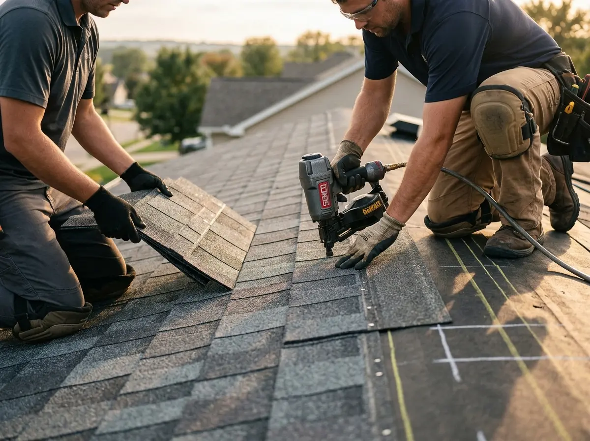 Professional roofer working on a residential roof in Banning